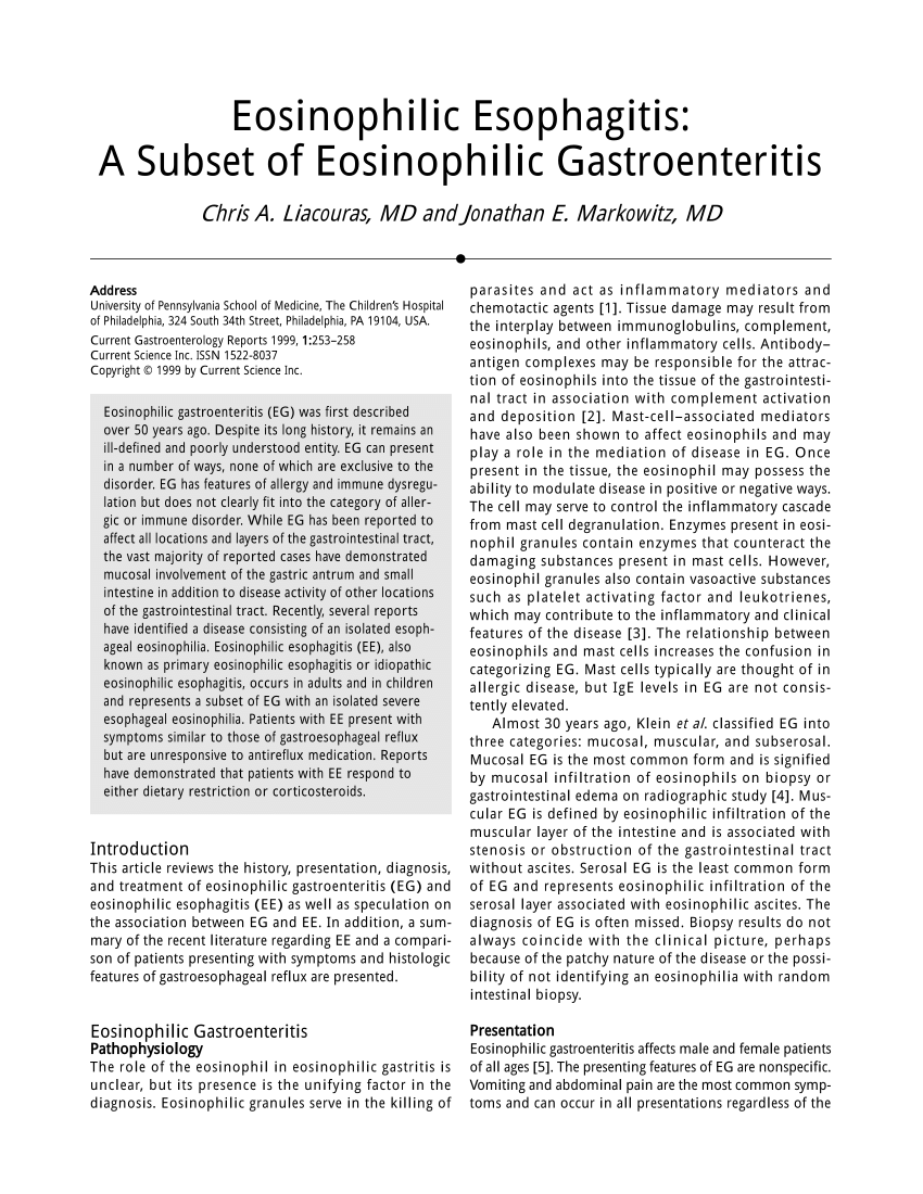 Pdf Eosinophilic Esophagitis A Subset Of Eosinophilic Gastroenteritis 2466