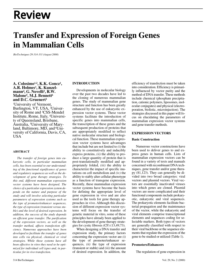 PDF) Transfer and Expression of Foreign Genes in Mammalian Cells