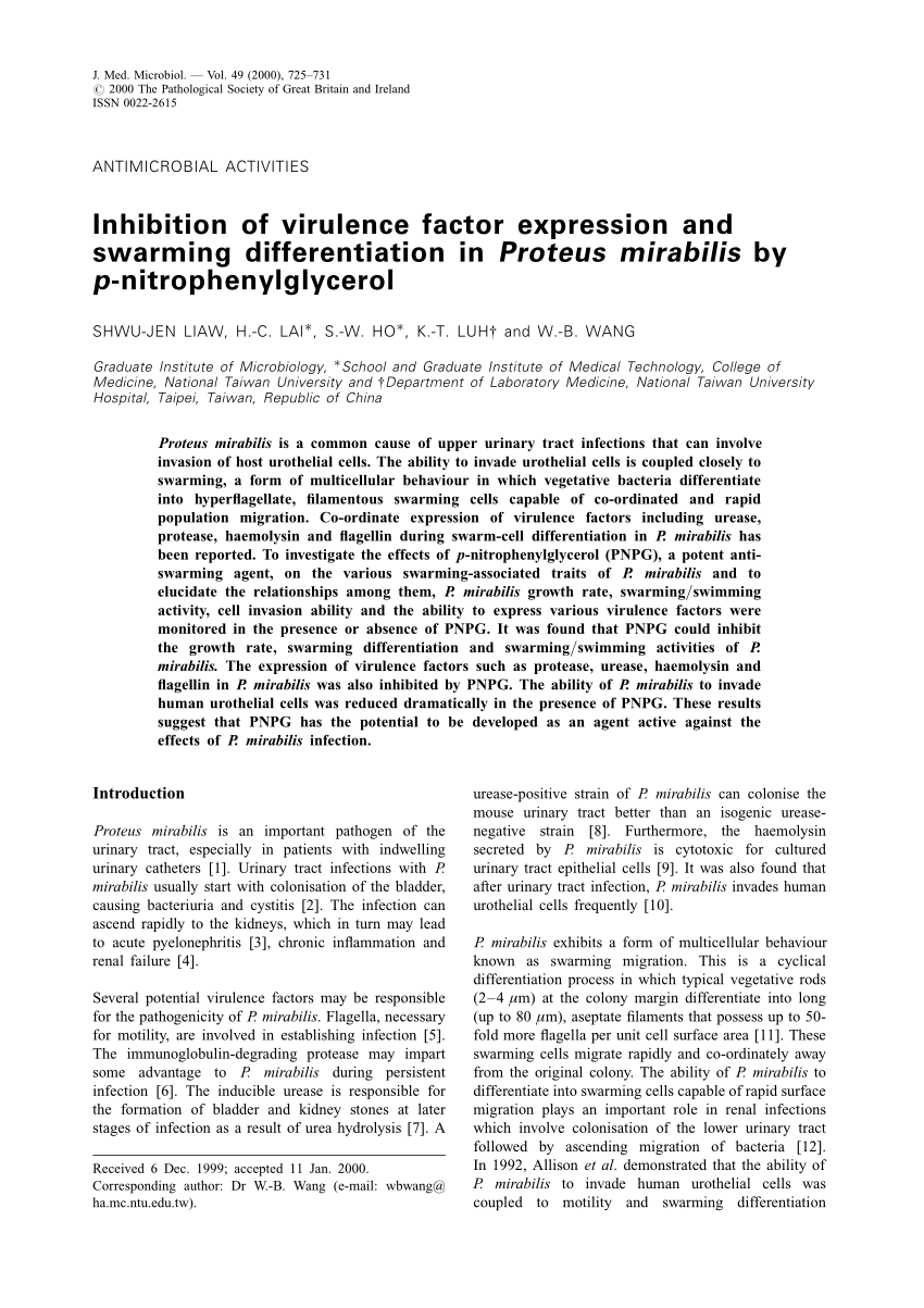 Pdf Inhibition Of Virulence Factor Expression And Swarming Differentiation In Proteus Mirabilis By R Nitrophenylglycerol