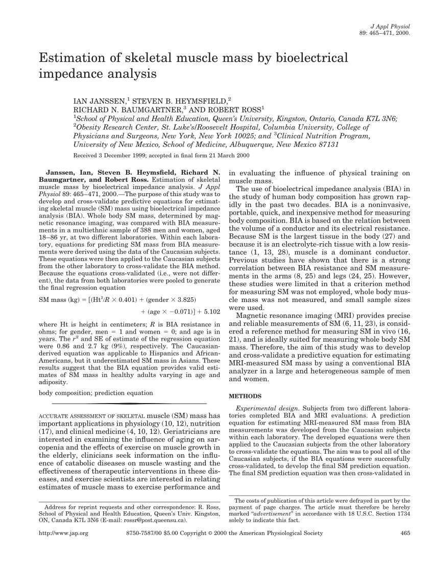 Measurement of skeletal muscle mass using the bioelectrical