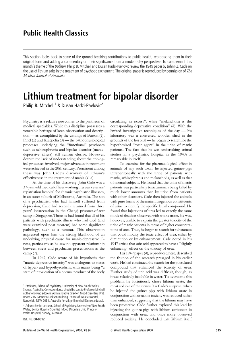 (PDF) Lithium treatment for bipolar disorder