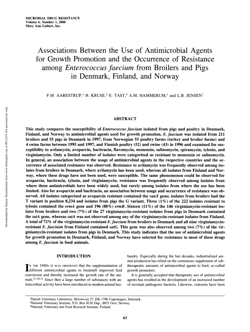 Pdf Associations Between The Use Of Antimicrobial Agents For Growth Promotion And The Occurrence Of Resistance Among Enterococcus Faecium From Broilers And Pigs In Denmark Finland And Norway