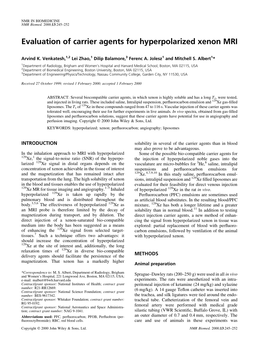 Pdf Evaluation Of Carrier Agents For Hyperpolarized Xenon Mri