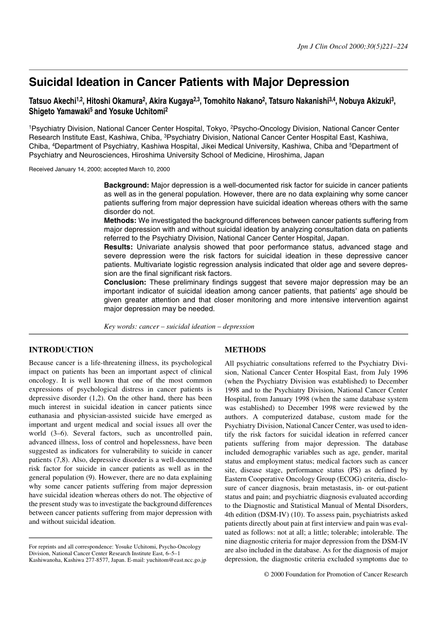 Pdf Suicidal Ideation In Cancer Patients With Major Depression