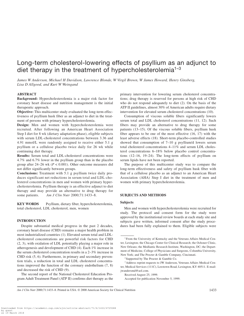 Pdf Long Term Cholesterol Lowering Effects Of Psyllium As An Adjunct To Diet Therapy In The Treatment Of Hypercholesterolemia