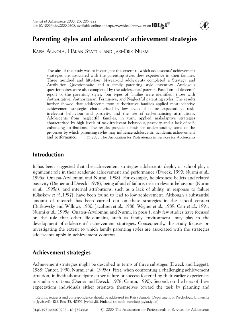 (PDF) Parenting styles and adolescents' achievement strategies