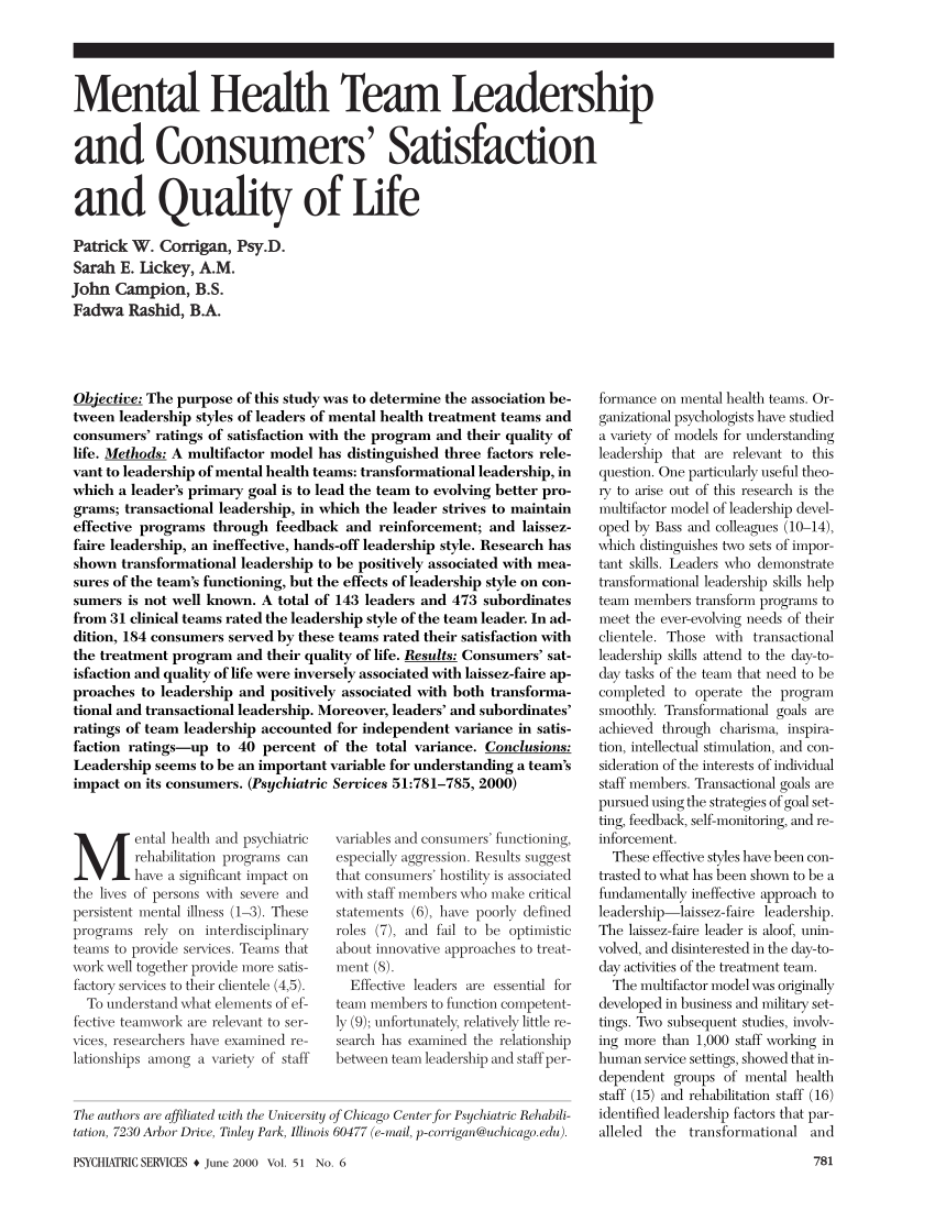 Pdf Mental Health Team Leadership And Consumers Satisfaction And Quality Of Life