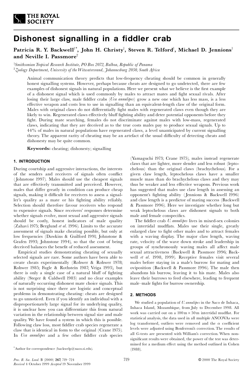 Fiddler crabs use dishonest signalling to bluff about their