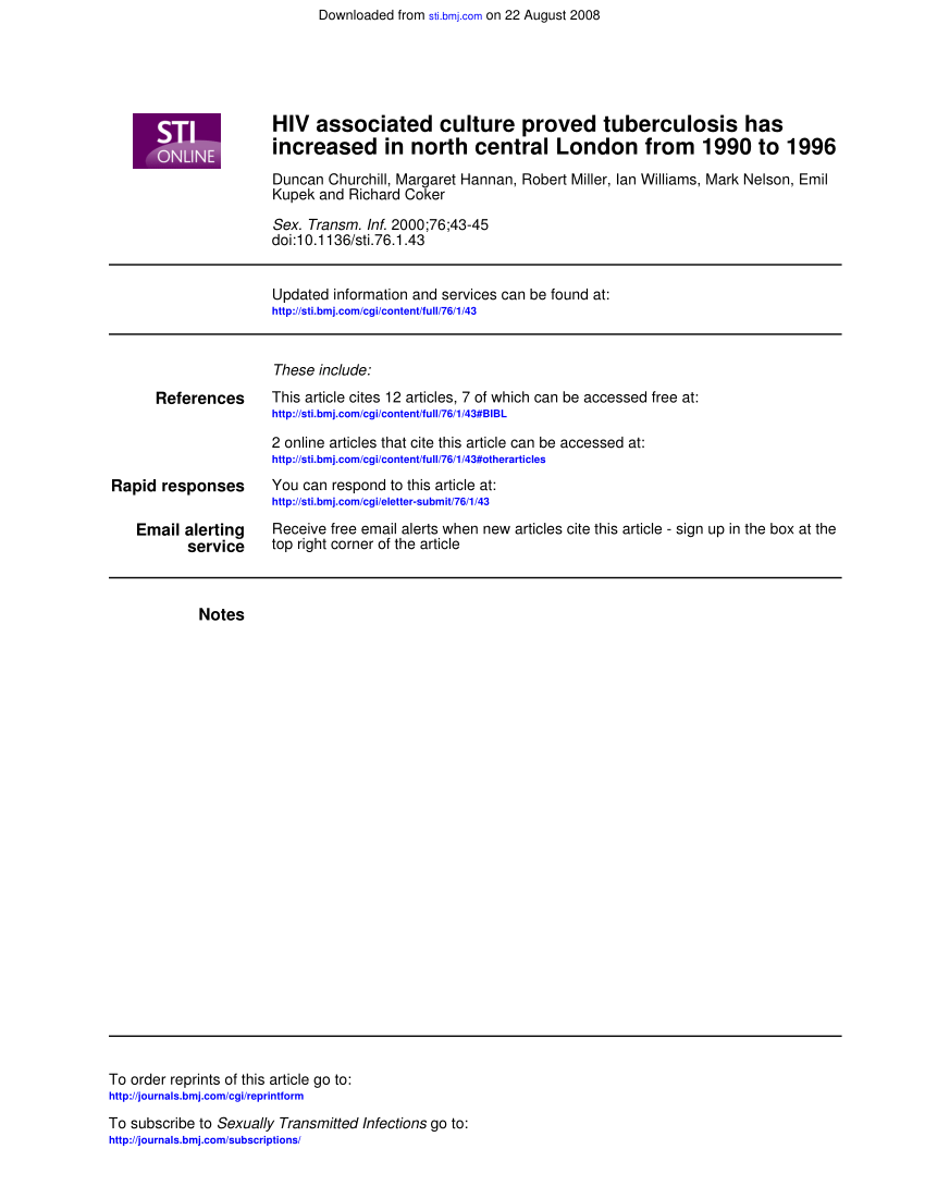 Pdf Hiv Associated Culture Proved Tuberculosis Has Increased In North Central London From 1990 