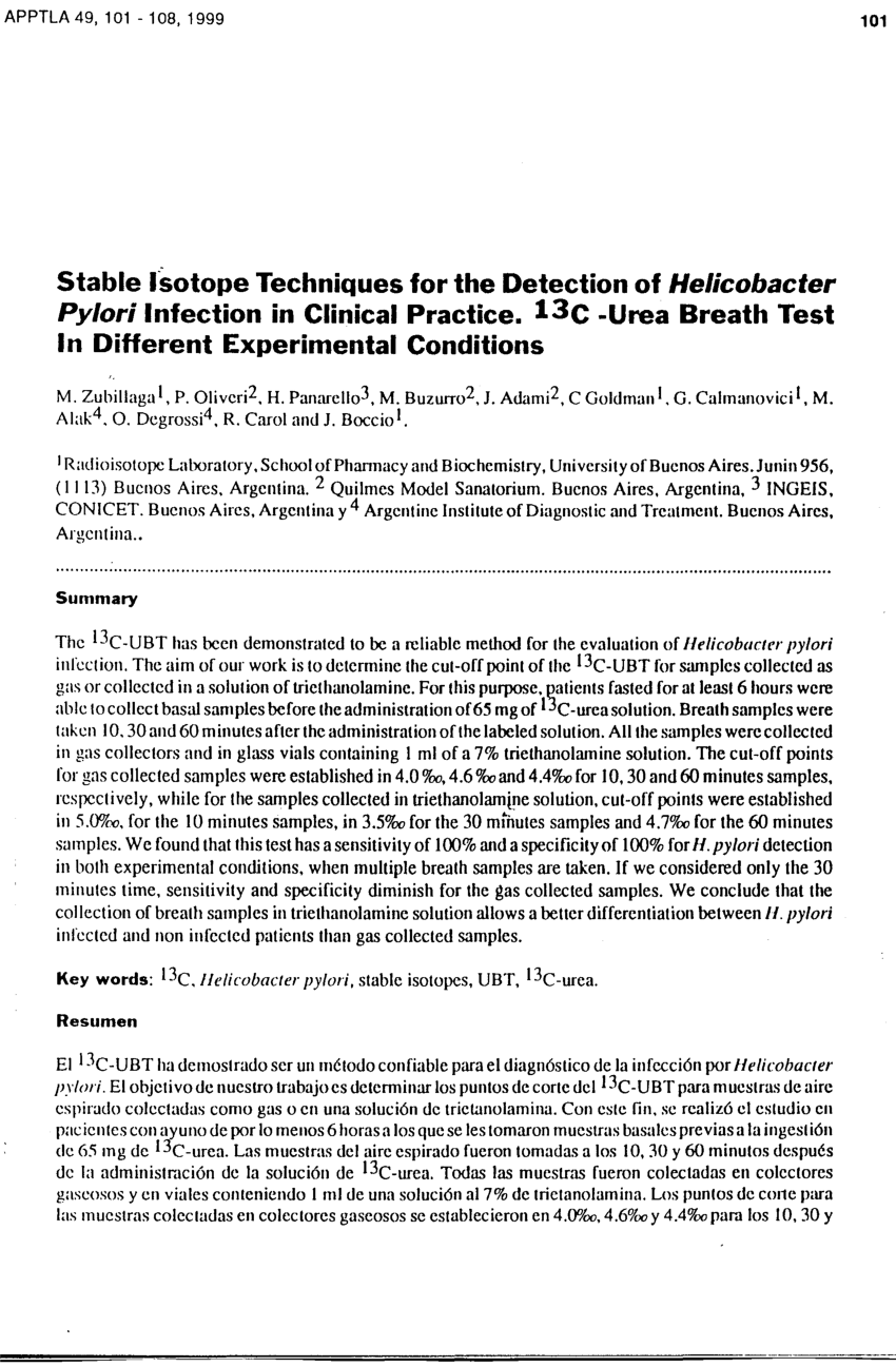 Pdf Stable Isotope Techniques For The Detection Of Helicobacter