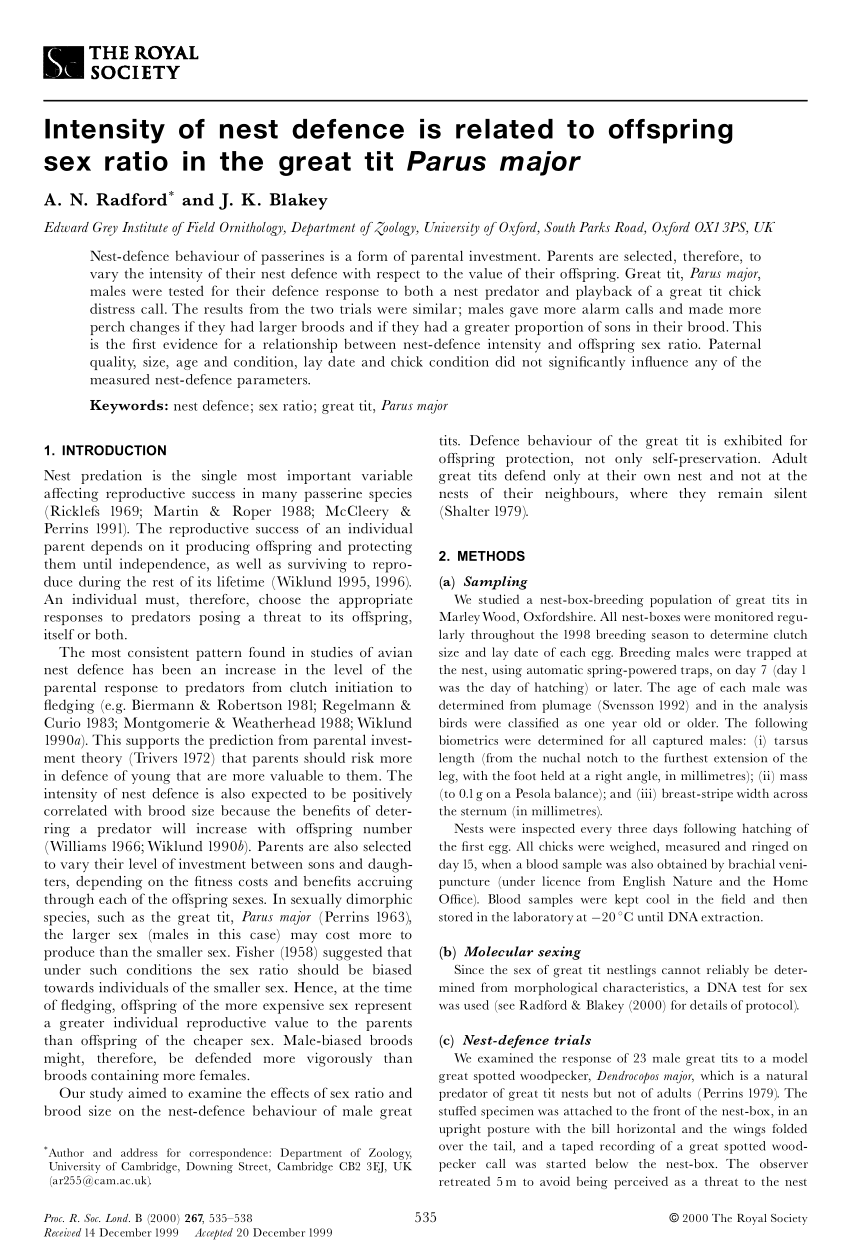 PDF) Intensity of nest defence is related to offspring sex ratio in the Great  Tit Parus major