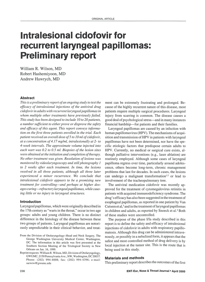 cidofovir dose laryngeal papilloma