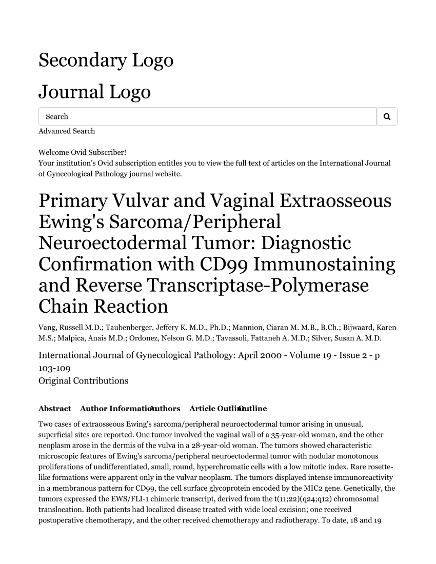 Pdf Primary Vulvar And Vaginal Extraosseous Ewings Sarcomaperipheral Neuroectodermal Tumor