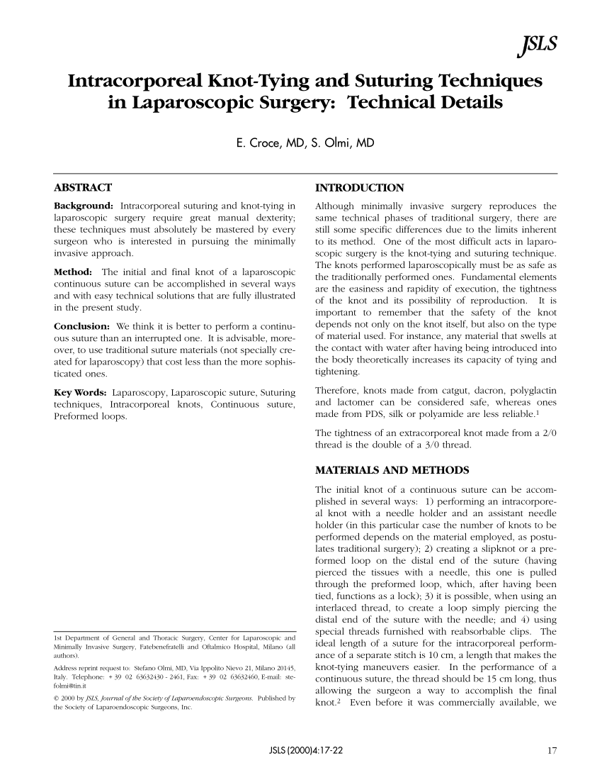 PDF) Intracorporeal Knot-Tying and Suturing Techniques in Laparoscopic  Surgery: Technical Details