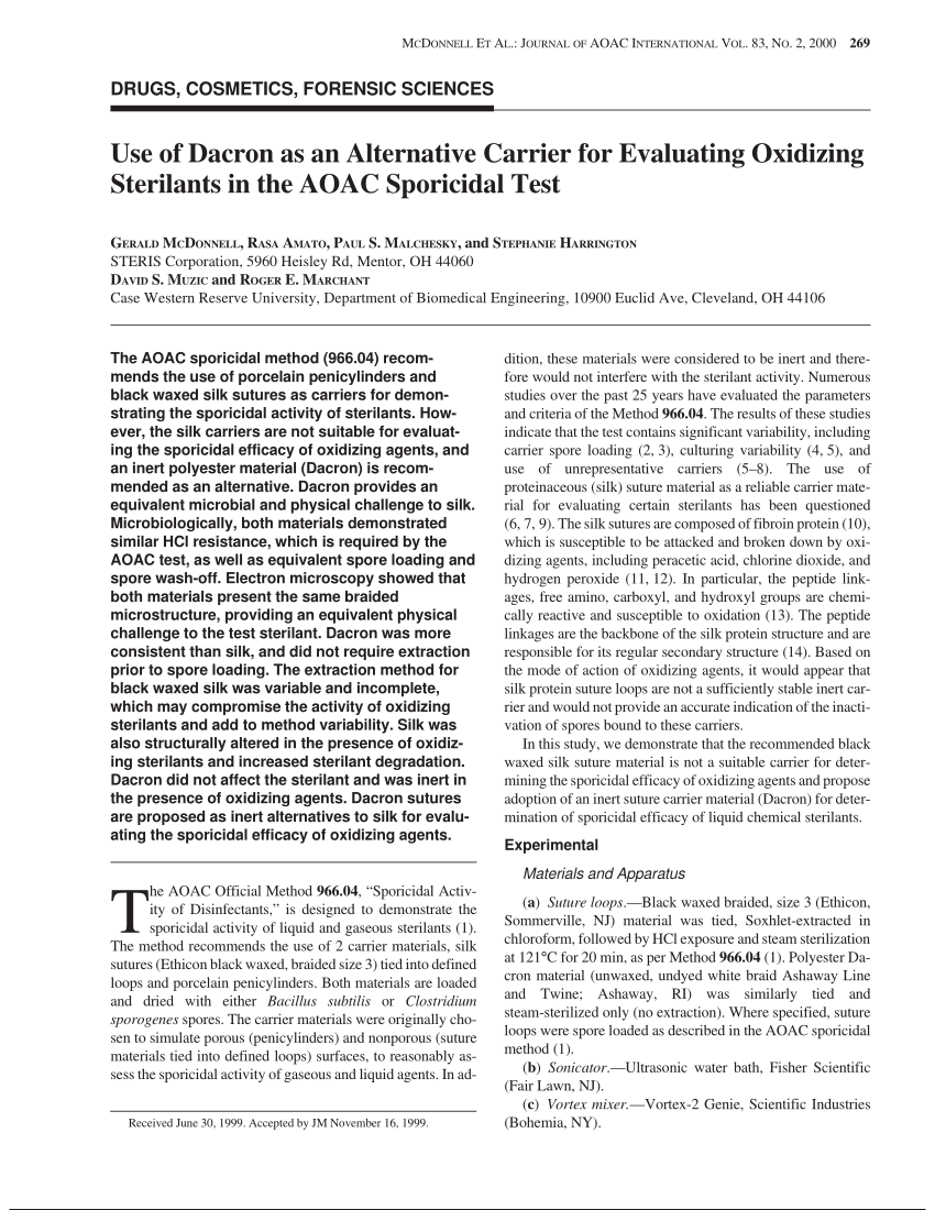 PDF) Use of Dacron as an Alternative Carrier for Evaluating Oxidizing  Sterilants in the AOAC Sporicidal Test