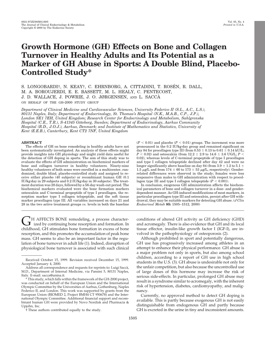 PDF) Growth Hormone (GH) Effects on Bone and Collagen Turnover in Healthy  Adults and Its Potential as a Marker of GH Abuse in Sports: A Double Blind,  Placebo-Controlled Study 1