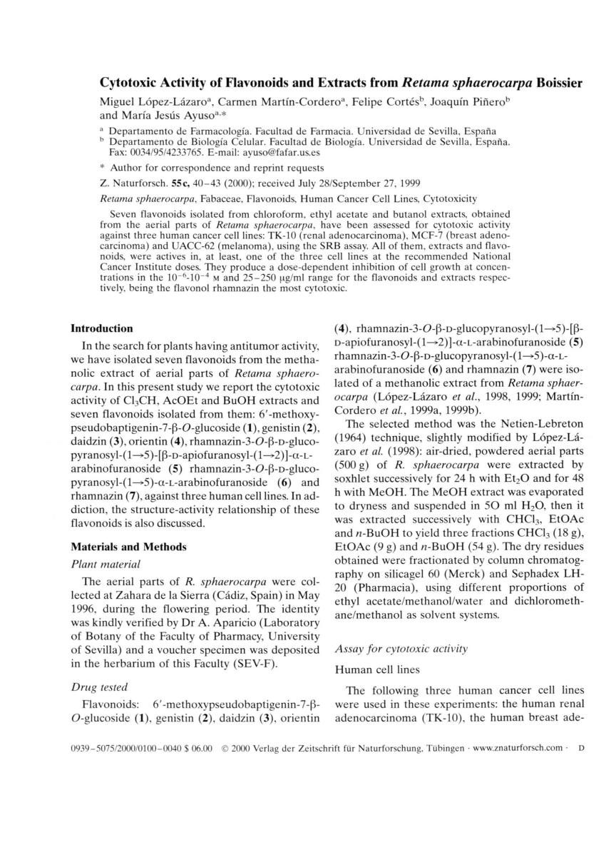 Pdf Cytotoxic Activity Of Flavonoids And Extracts From Retama Sphaerocarpa Boissier