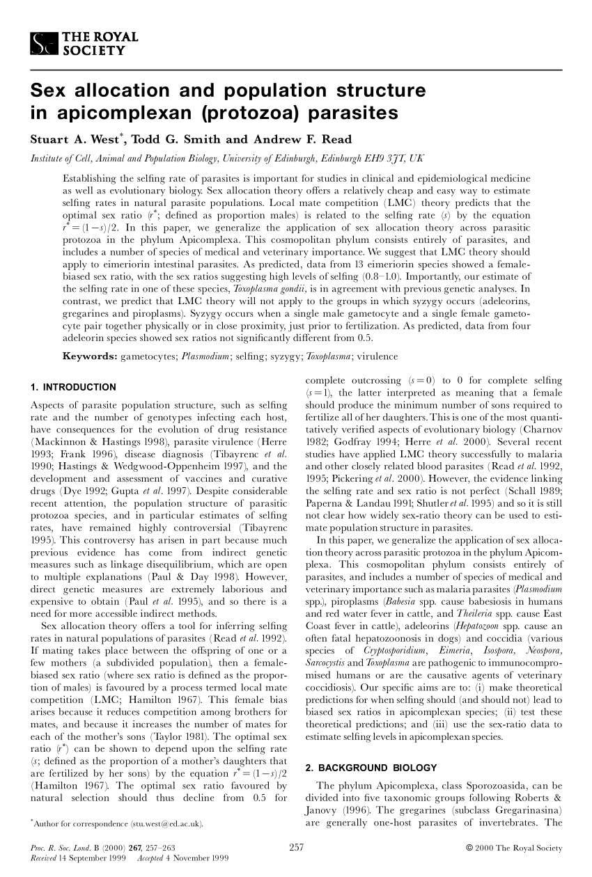 Pdf Sex Allocation And Population Structure In Apicomplexan Protozoa Parasites