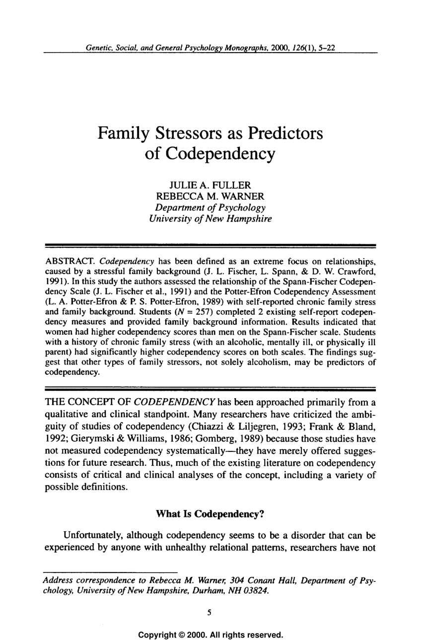 Pdf Family Stressors As Predictors Of Codependency