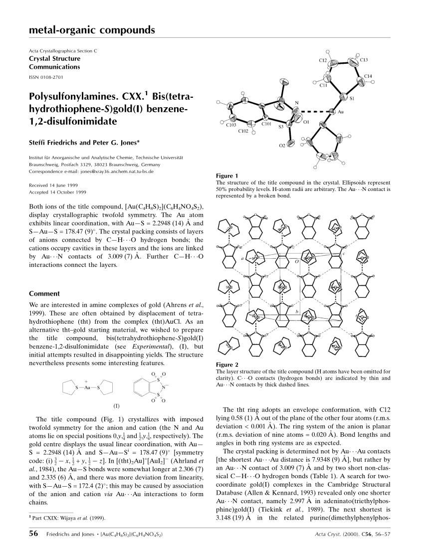 Pdf Polysulfonylamines Cxx Bis Tetrahydrothiophene S Gold I Benzene 1 2 Disulfonimidate