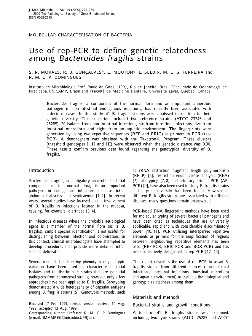 Pdf Use Of Rep Pcr To Define Genetic Relatedness Among Bacteroides Fragilis Strains