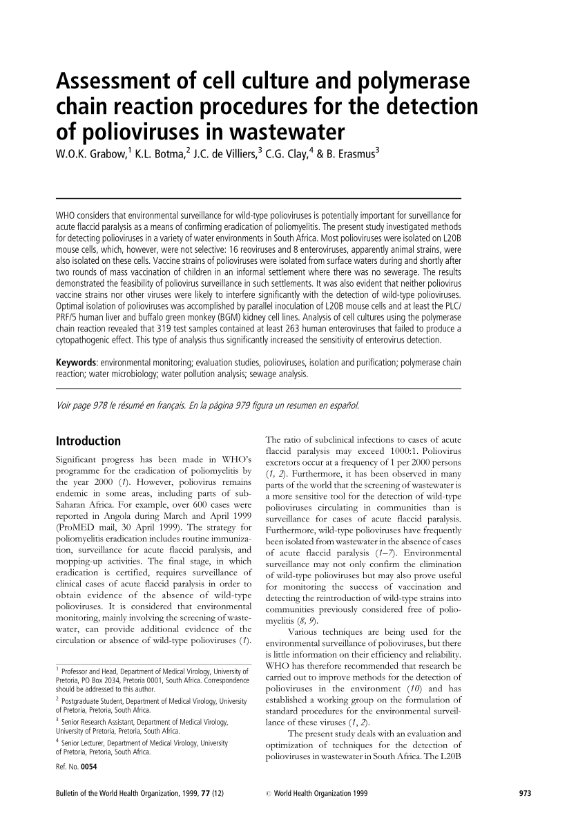Pdf Assessment Of Cell Culture And Polymerase Chain Reaction Procedures For The Detection Of Polioviruses In Wastewater