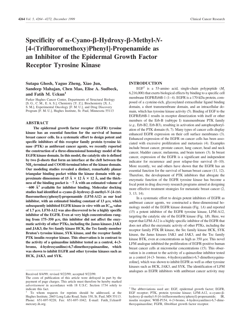 Pdf Specificity Of Alpha Cyano Beta Hydroxy Beta Methyl N 4 Trifluoromethoxy Phe Nyl Propenamide As An Inhibitor Of The Epidermal Growth Factor Receptor Tyrosine Kinase