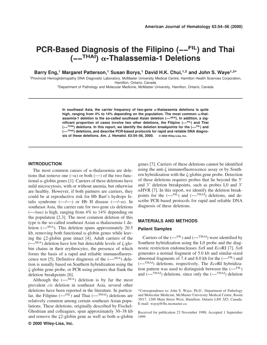 Pdf Pcr Based Diagnosis Of The Filipino Fil And Thai Thai A Thalassemia 1 Deletions