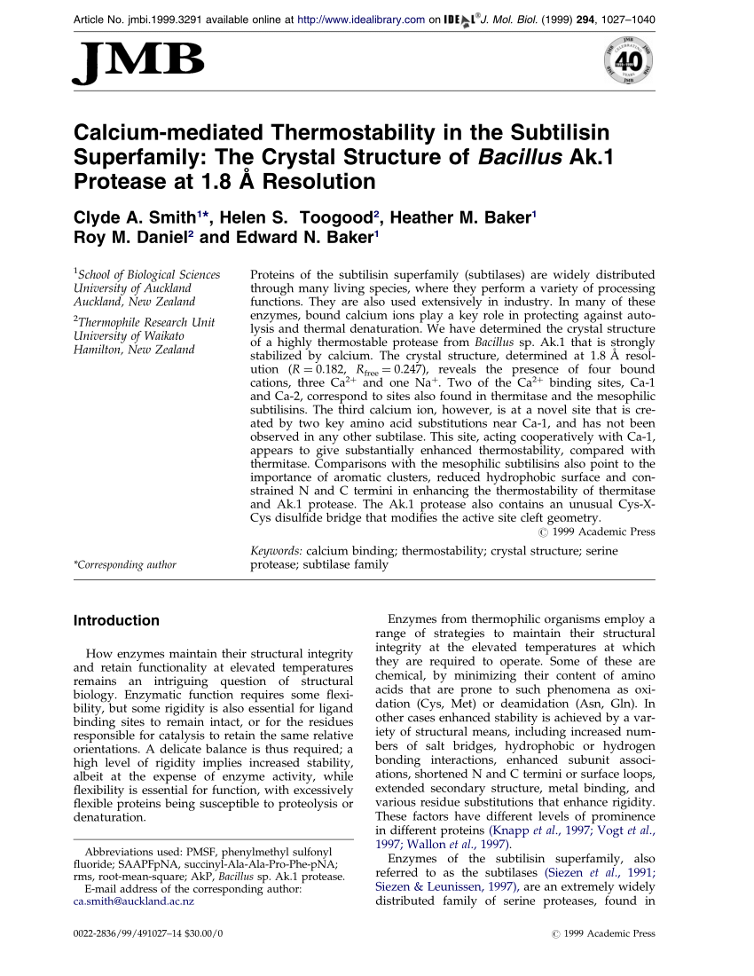 PDF) Calcium-mediated thermostability in the subtilisin