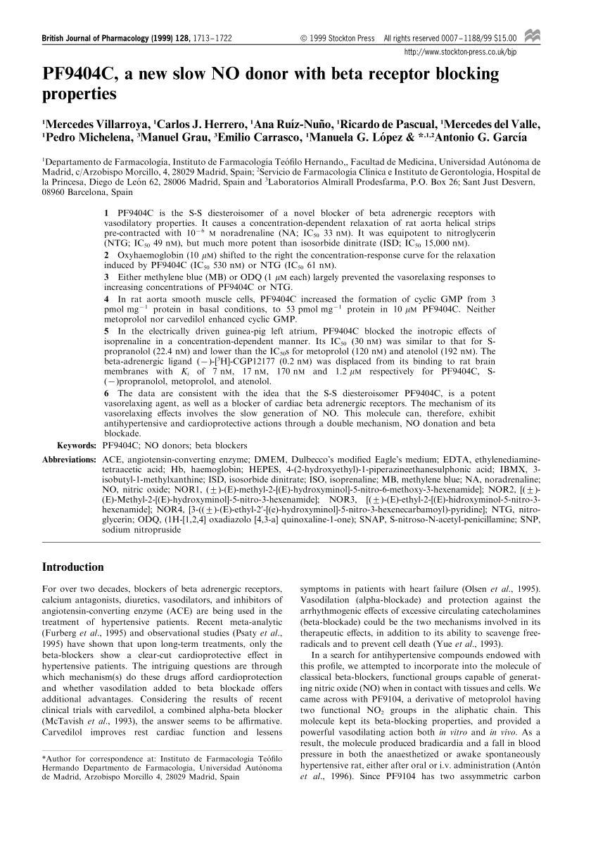 Pdf Pf9404c A New Slow No Donor With Beta Receptor Blocking Properties