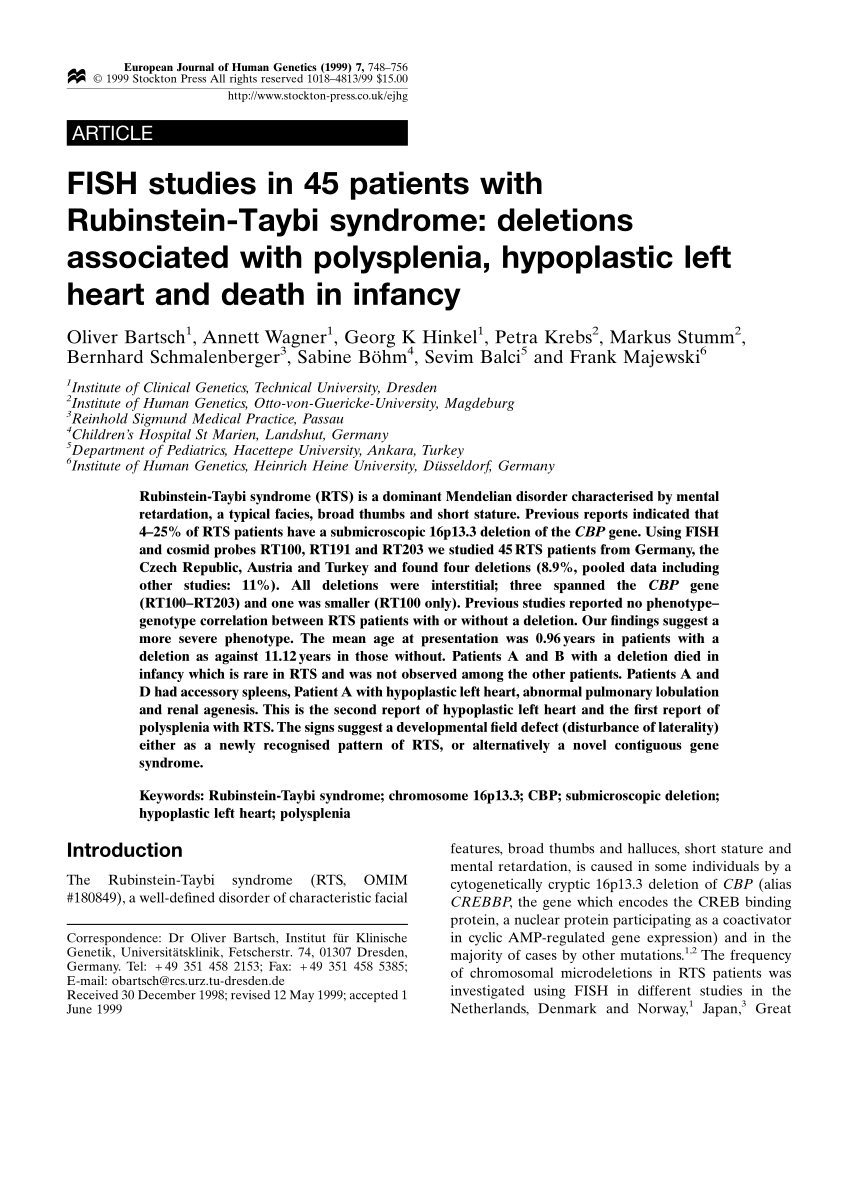 PDF) FISH studies in 45 patients with Rubinstein-Taybi syndrome: Deletions  associated with polysplenia, hypoplastic left heart and death in infancy