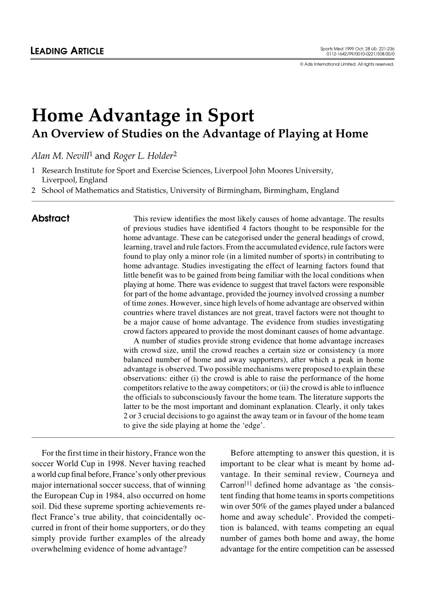 PDF) Home advantage in sport: an overview of studies on the advantage of  playing at home
