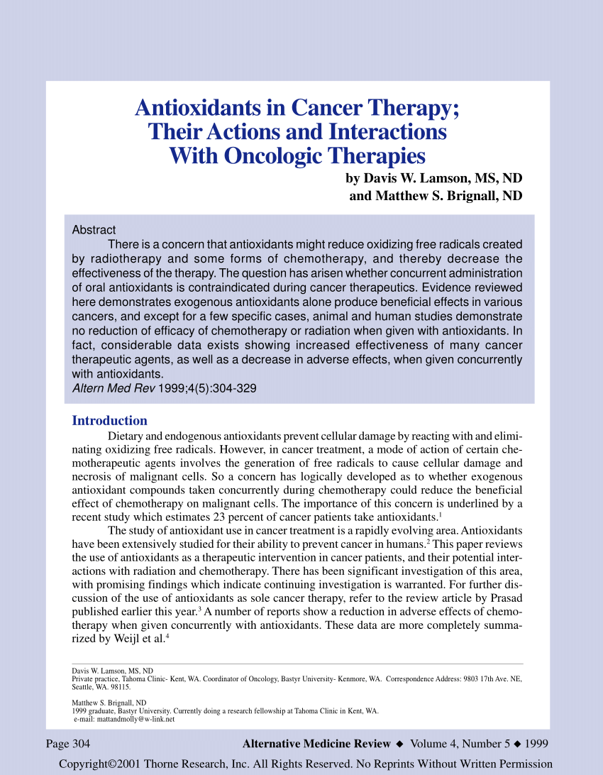 PDF) Antioxidants in cancer therapy; their actions and ...