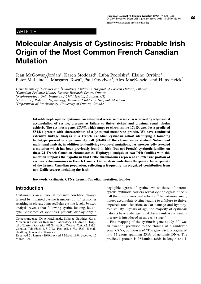 Pdf Molecular Analysis Of Cystinosis Probable Irish Origin Of The Most Common French Canadian Mutation