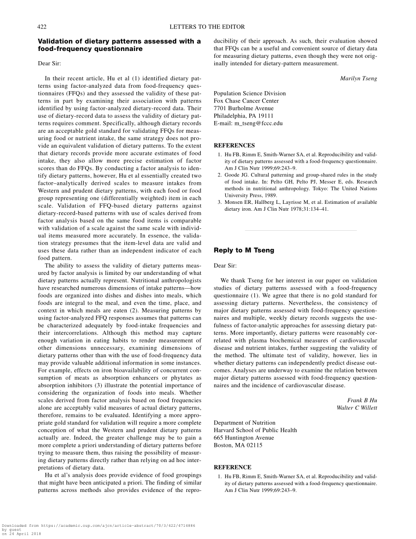 (PDF) Validation of dietary patterns assessed with a food-frequency ...