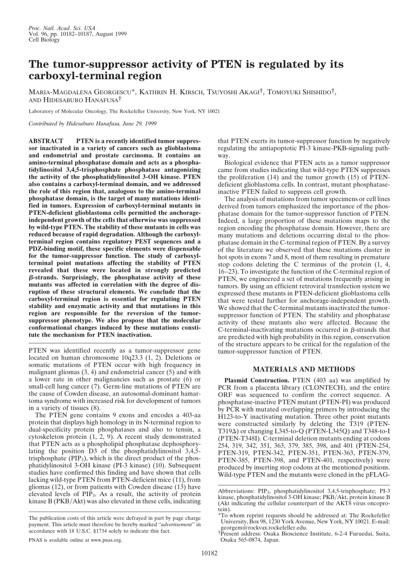 Pdf The Tumor Suppressor Activity Of Pten Is Regulated By Its