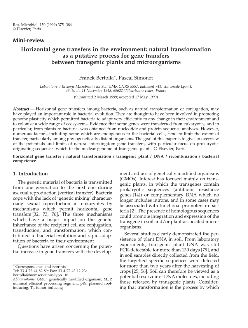 Pdf Horizontal Gene Transfers In The Environment Natural Transformation As A Putative Process For Gene Transfers Between Transgenic Plants And Microorganisms