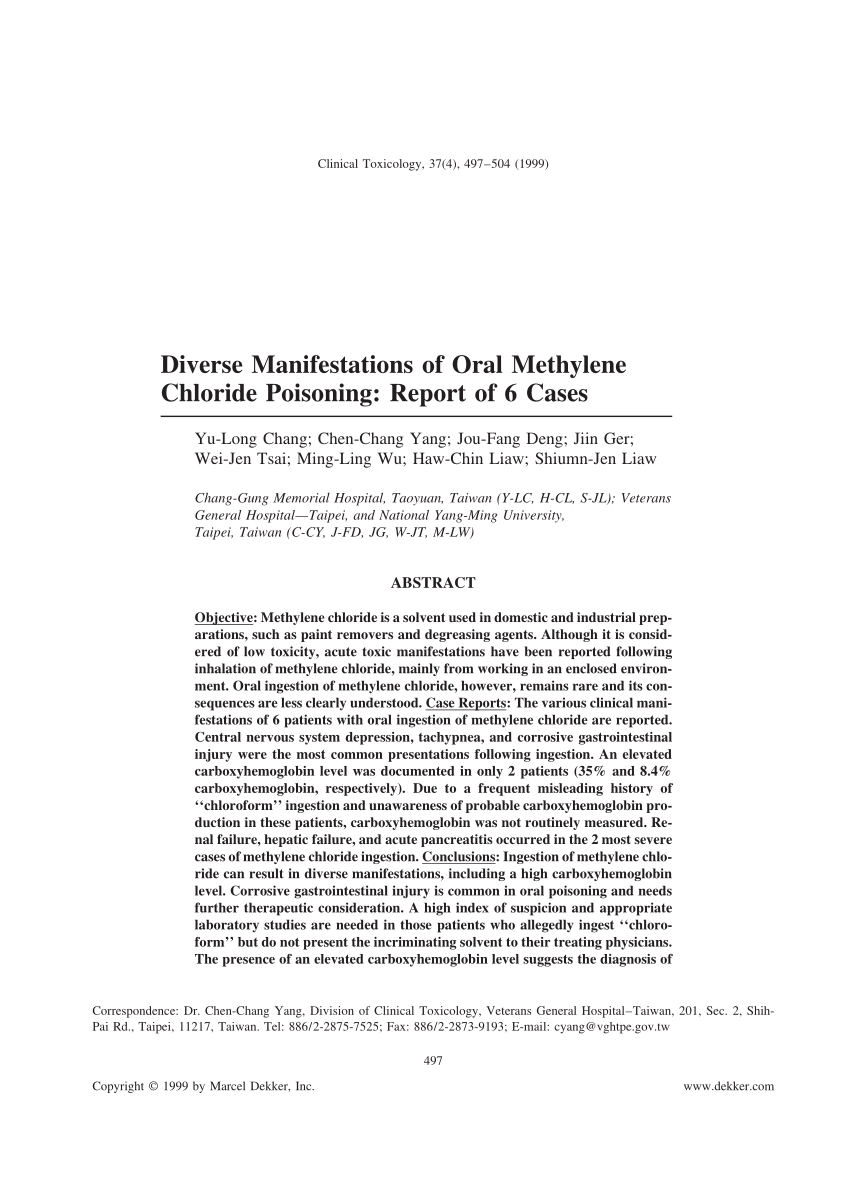 Pdf Diverse Manifestations Of Oral Methylene Chloride Poisoning Report Of 6 Cases