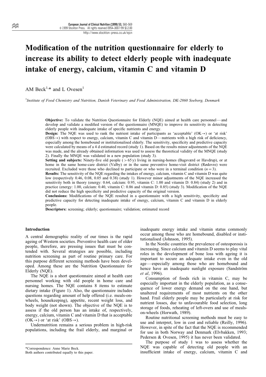 Pdf Modification Of The Nutrition Questionnaire For Elderly To Increase Its Ability To Detect Elderly People With Inadequate Intake Of Energy Calcium Vitamin C And Vitamin D