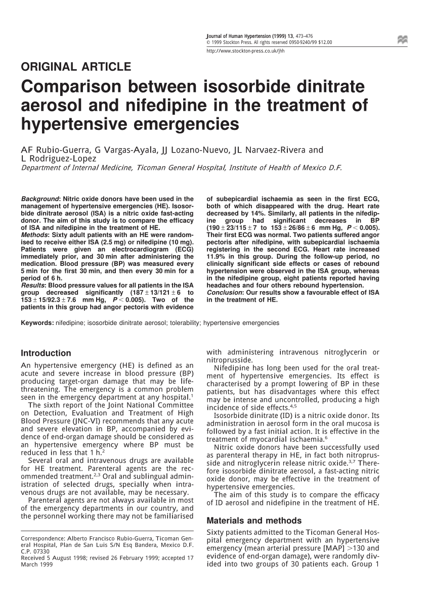 Pdf Comparison Between Isosorbide Dinitrate Aerosol And Nifedipine In The Treatment Of Hypertensive Emergencies