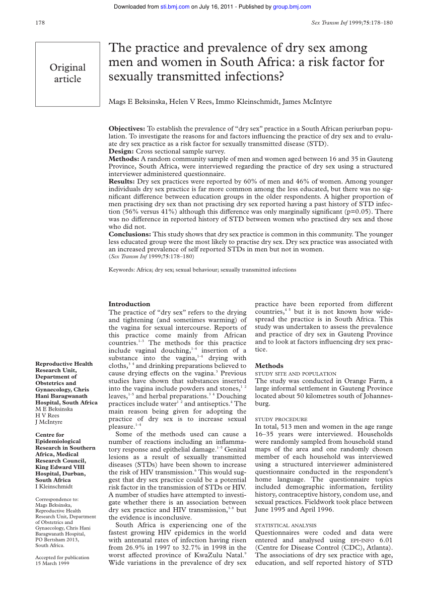 PDF) The practice and prevalence of dry sex among men and women in South  Africa: A risk factor for sexually transmitted infections?