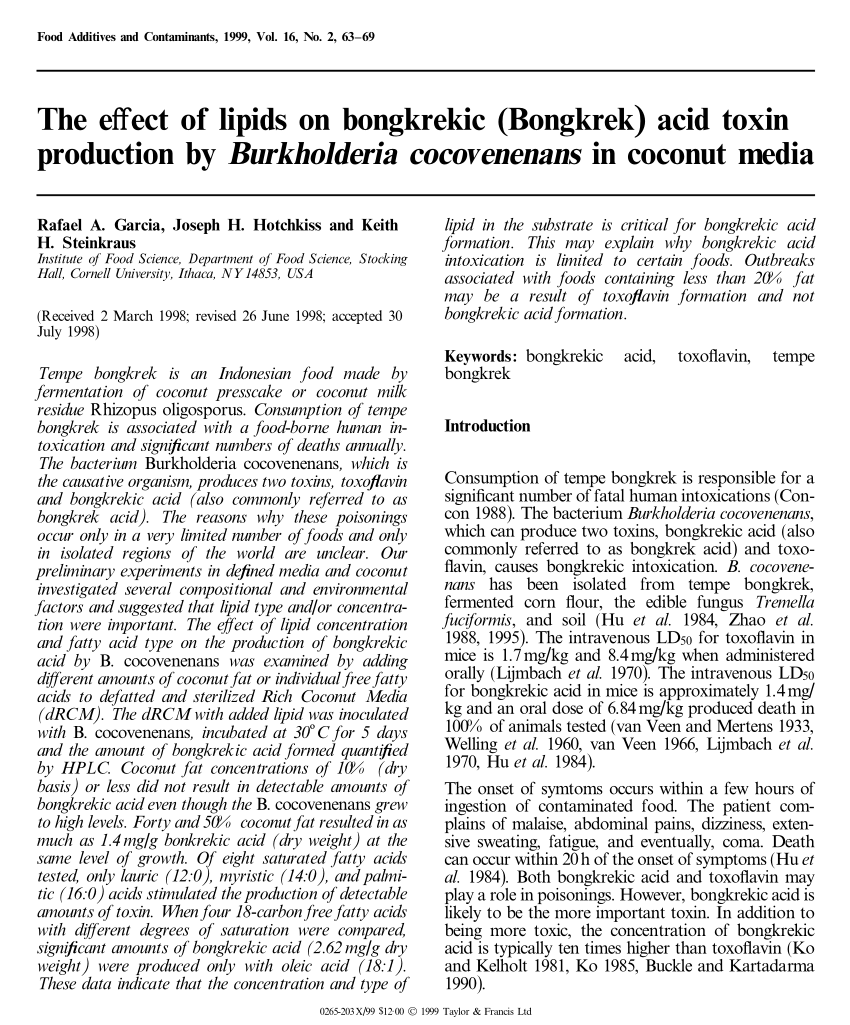Pdf The Effect Of Lipids On Bongkrekic Bongkrek Acid Toxin Production By Burkholderia Cocovenenans In Coconut Media