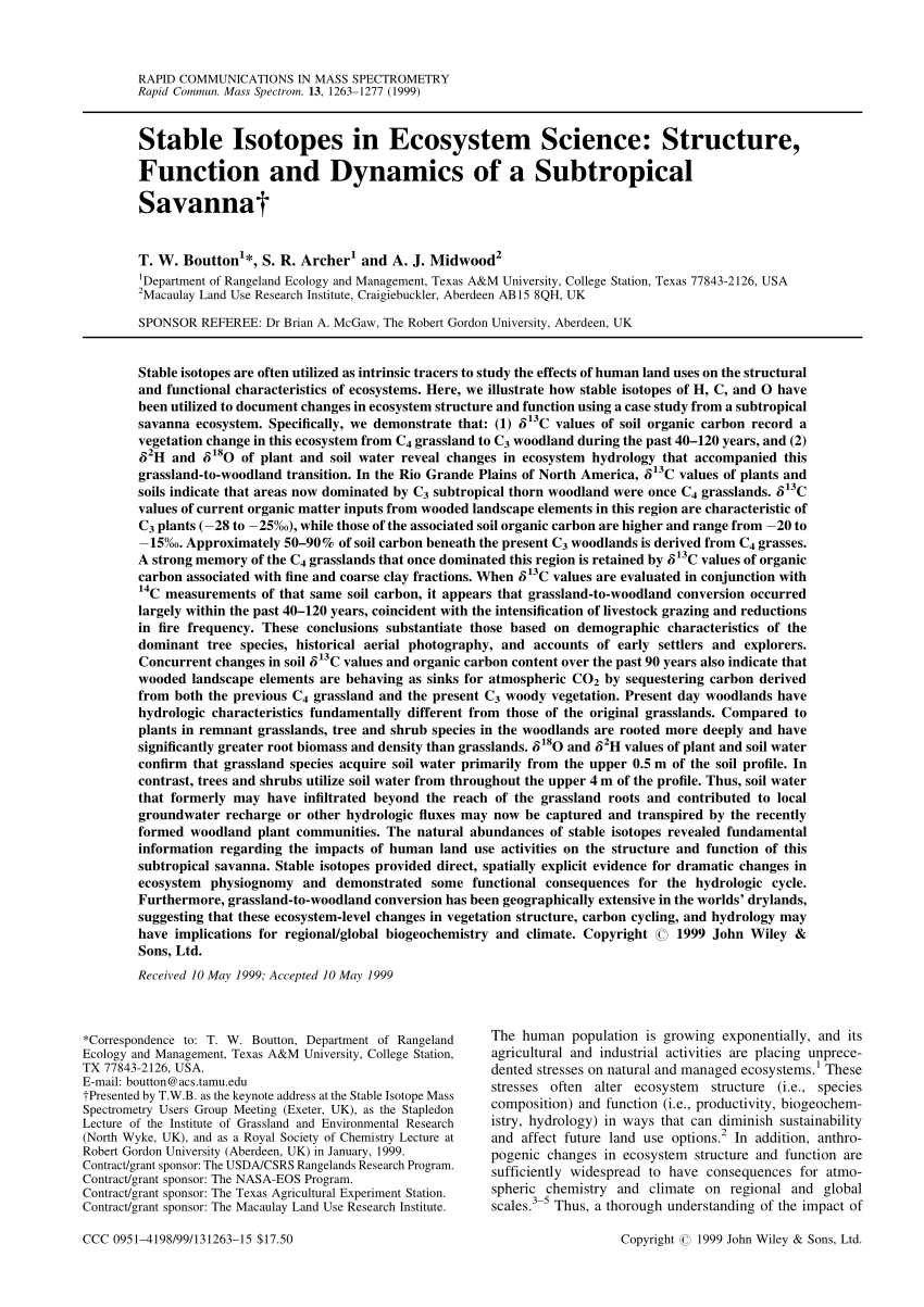 Pdf Stable Isotopes In Ecosystem Science Structure Function And Dynamics Of A Subtropical Savanna