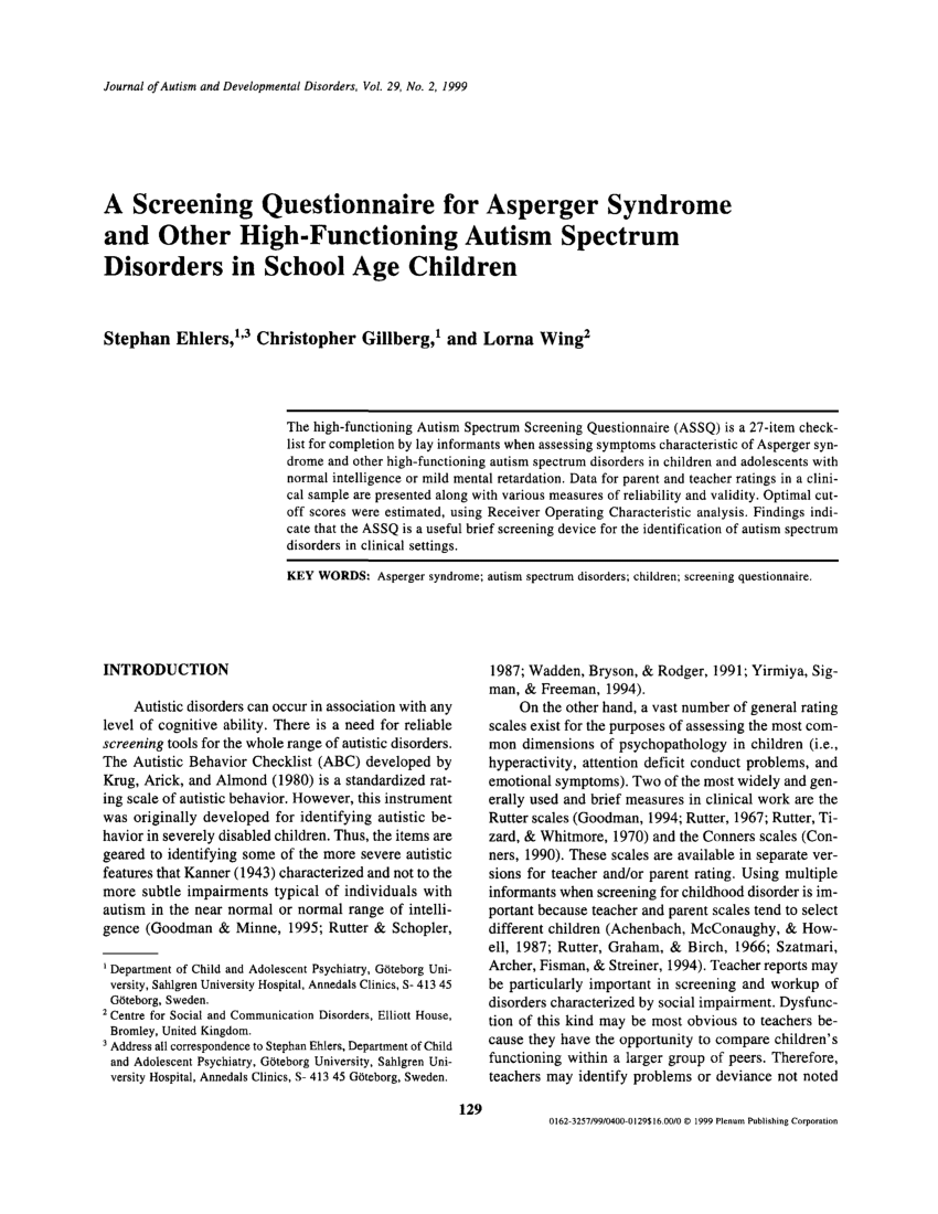 Pdf A Screening Questionnaire For Asperger Syndrome And Other High-functioning Autism Spectrum Disorders In School Age Children