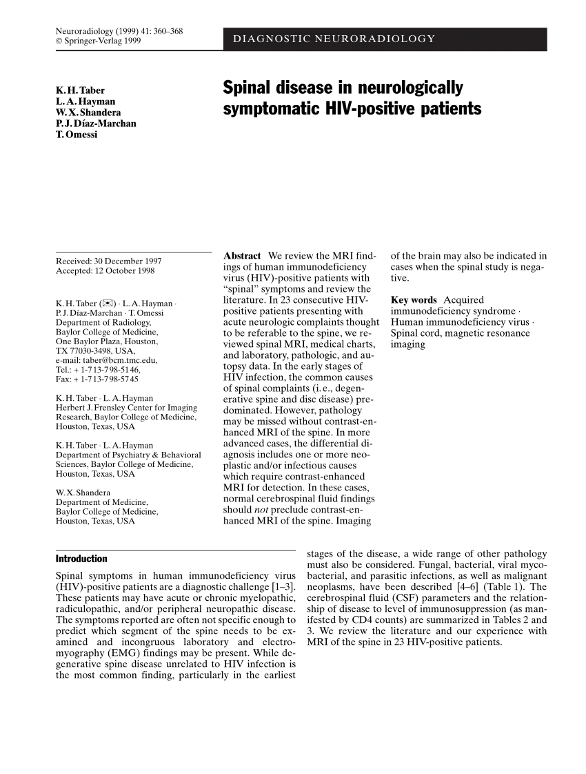 Pdf Spinal Disease In Neurologically Symptomatic Hiv Positive Patients