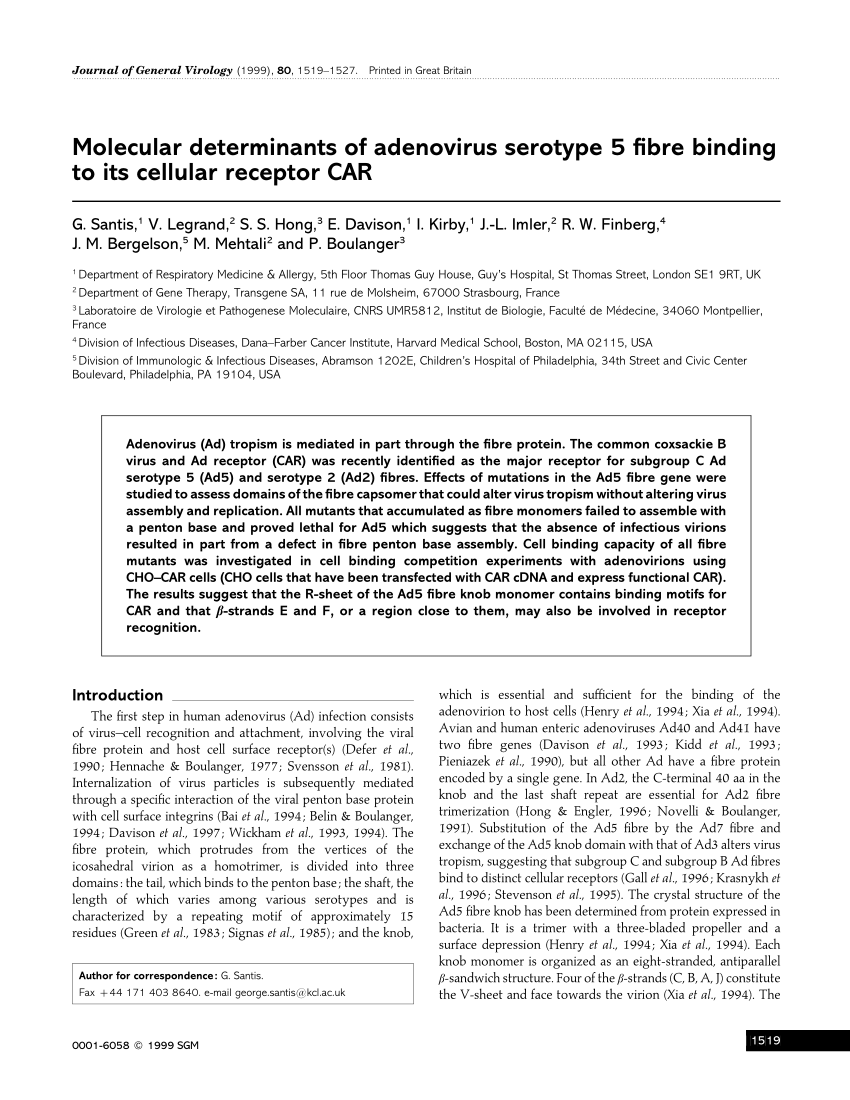 Pdf Molecular Determinants Of Adenovirus Serotype 5 Fibre Binding