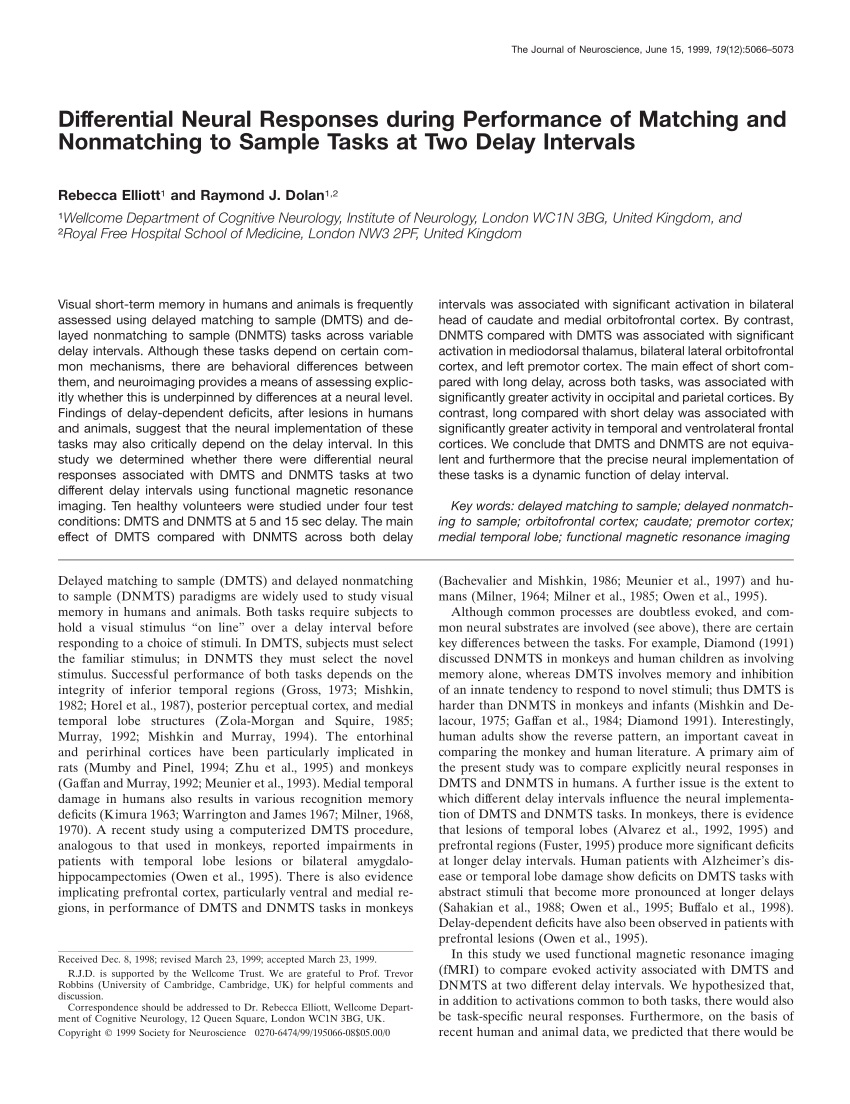 Pdf Differential Neural Responses During Performance Of Matching And Nonmatching To Sample 3105