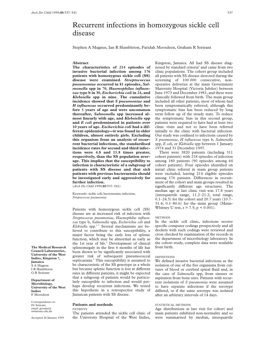 Pdf Recurrent Infections In Homozygous Sickle Cell Disease 0337