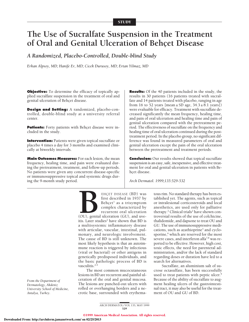 Pdf The Use Of Sucralfate Suspension In The Treatment Of Oral And Genital Ulceration Of Behcet Disease A Randomized Placebo Controlled Double Blind Study