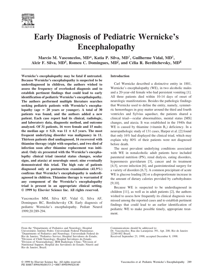 (PDF) Early diagnosis of pediatric Wernicke's Encephalopathy